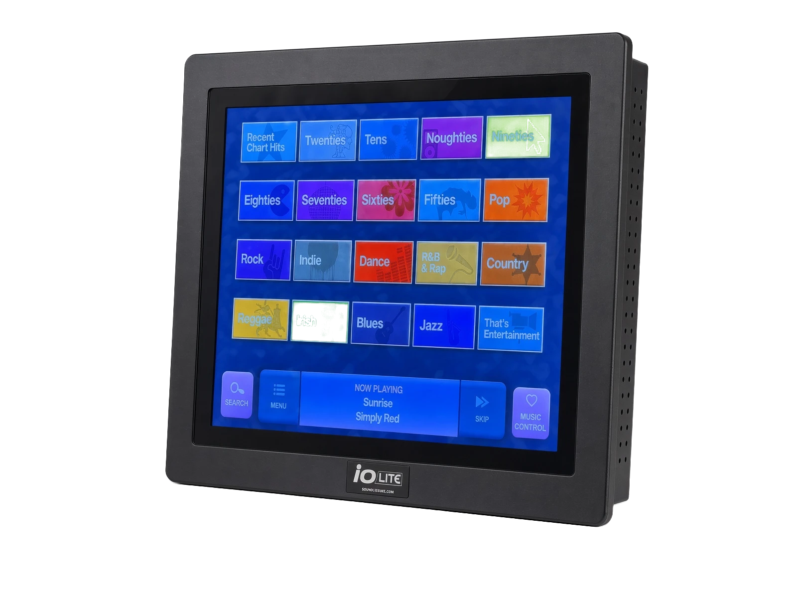 iO Lite touchscreen unit in a black housing, showing a grid of music genre buttons and the now playing bar