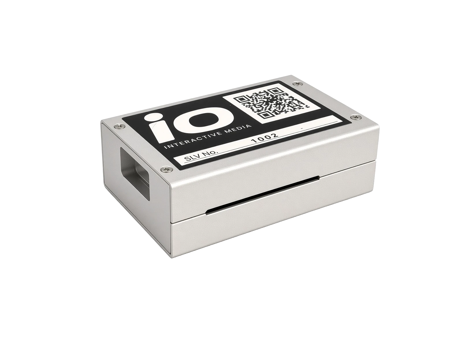 iO Micro unit: a compact silver aluminium box with an iO Interactive Media label and QR code