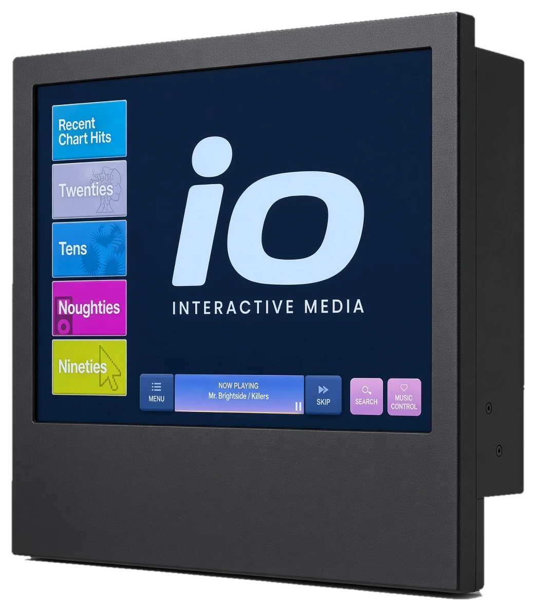 iO touchscreen unit in a black metal housing, showing the iO Interactive Media logo and decade playlists