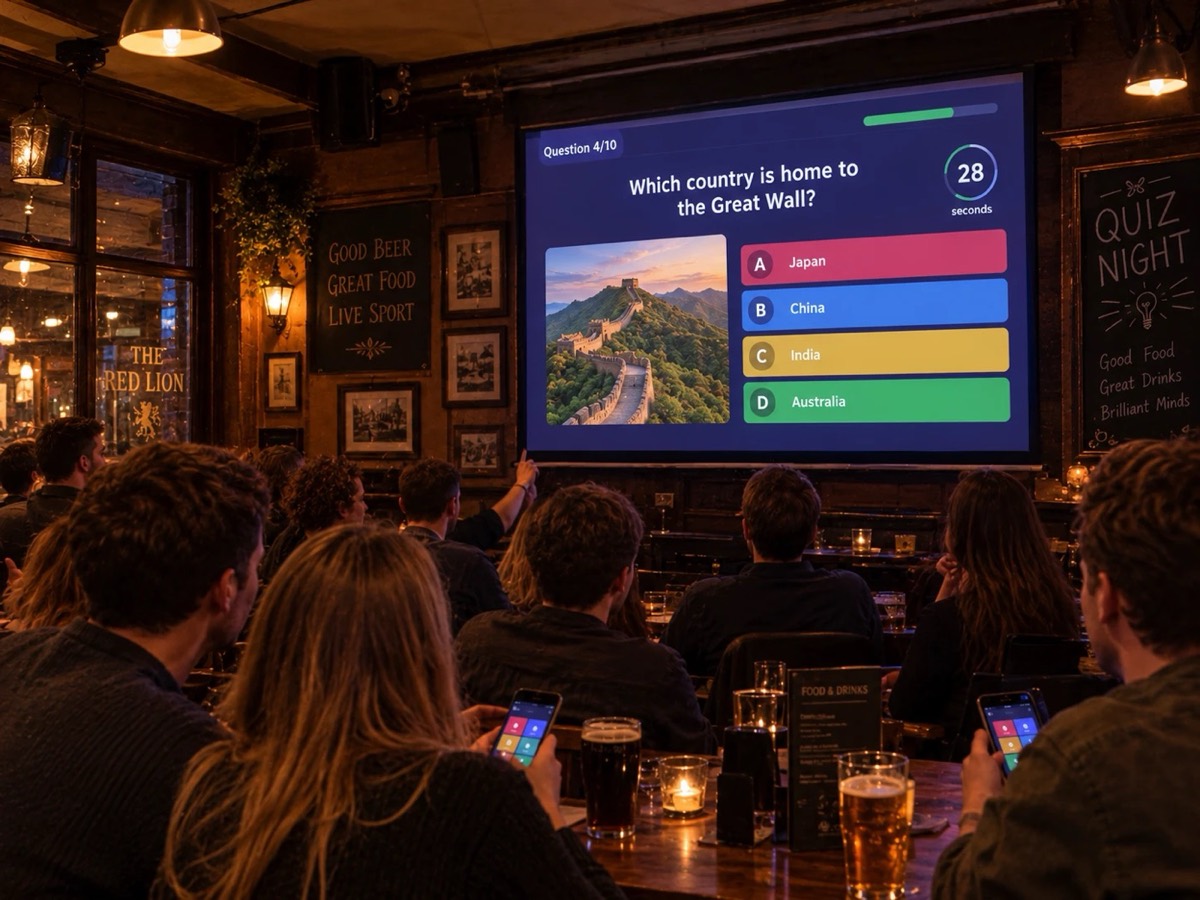 Pub quiz question on a large screen while customers answer on their phones