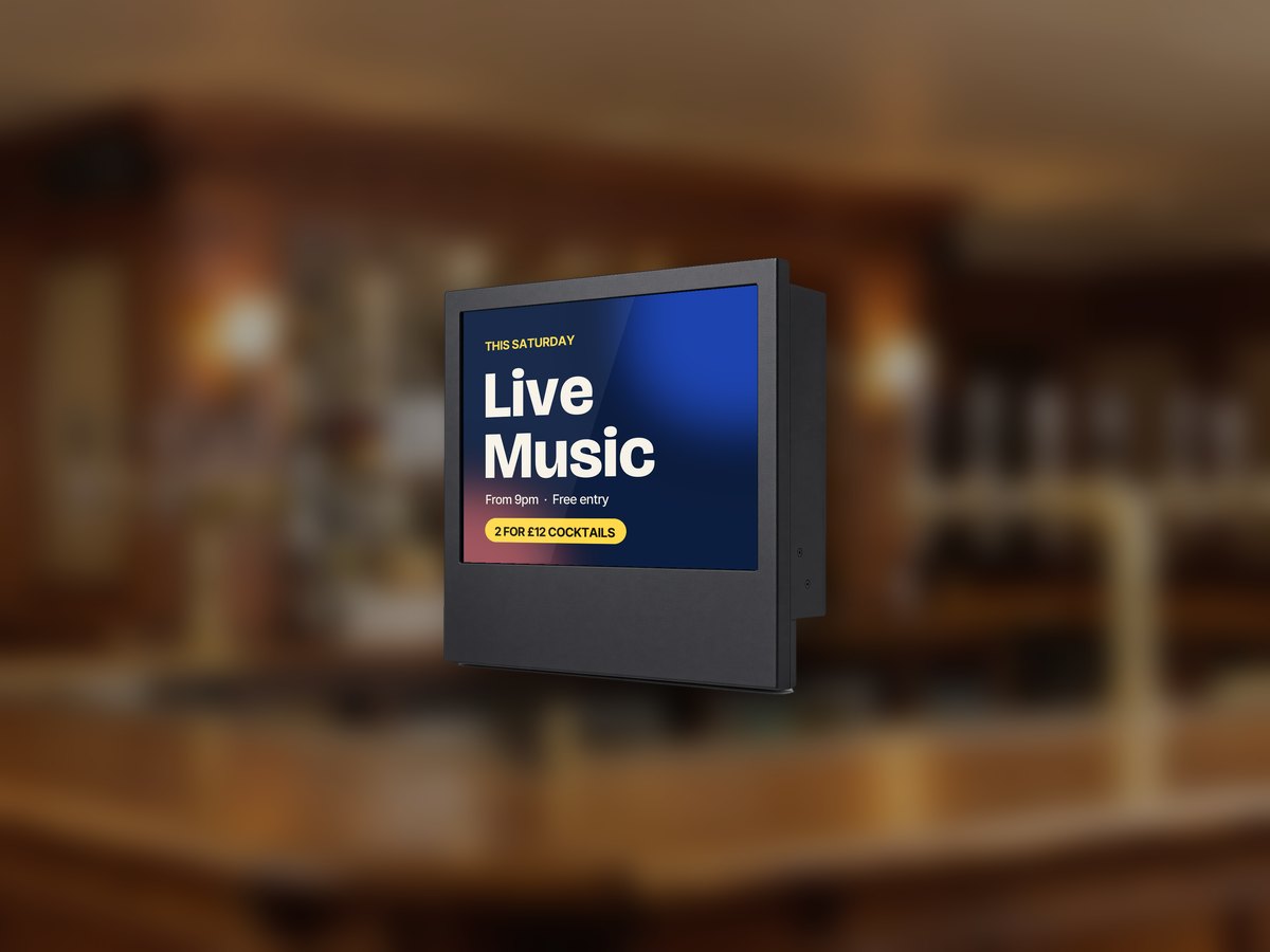 iO unit showing a live music and cocktails advert in a pub