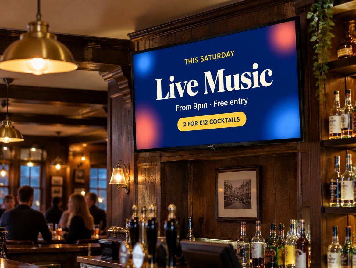 Pub TV screen showing a live music and cocktails advert