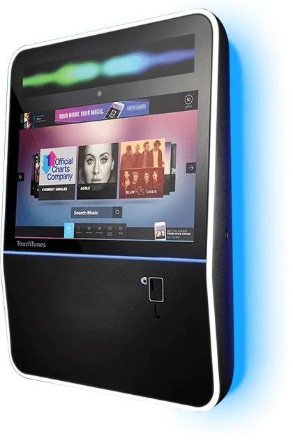 Touchtunes Angelina wall mounted jukebox with a white rim light and a blue glow behind it