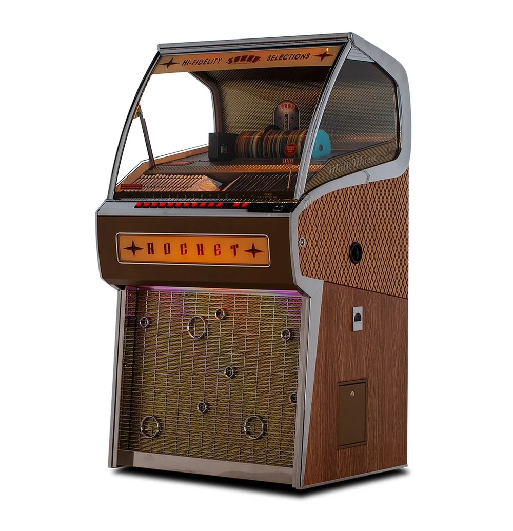 CD Rocket jukebox with a gold front, wood panelling and a curved glass top