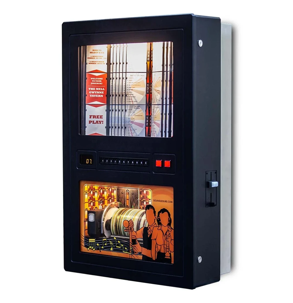 Remix 50 wall mounted jukebox with a record display and a lit panel below