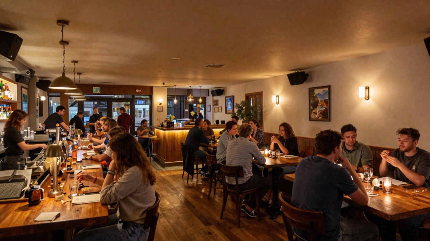 Busy, attractive pub with discreet installed speakers visible